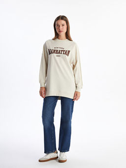 Bisiklet Yaka Bask?l? Oversize Kad?n Sweatshirt Tunik