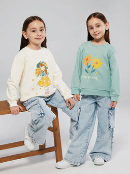 Bisiklet Yaka Bask?l? K?z ?ocuk Sweatshirt 2li