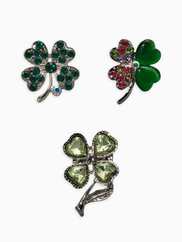 Броши "Клевер" (набор 3шт), цвет зелёный в серебре