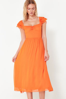 Turuncu Belden Ac?lan Sifon Astarl? Midi Dokuma Elbise TWOSS24EL00541