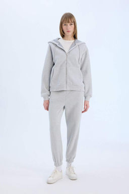 Okula Donus Relax Fit Kapusonlu Kal?n Basic Duz Cepli Fermuarl? Sweatshirt - Defacto фото 3