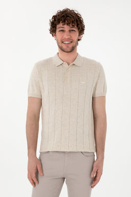 Erkek Slim Fit Polo Yaka Krem Triko Ti__rt