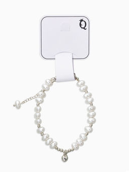 Браслет жемчуг «Рисинки с сердцем», L=18 см, белый в серебре