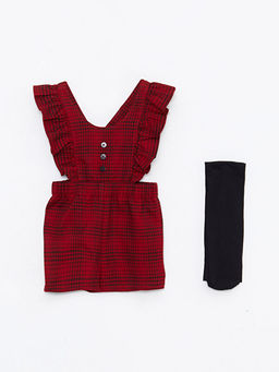U Yaka Ekose Desenli K?z Bebek Salopet Elbise ve K?lotlu ?orap 2li