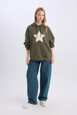 Женская толстая толстая толстовка свободного кроя цвета хаки с капюшоном и принтом на спине, широкий крой - Defacto фото 2