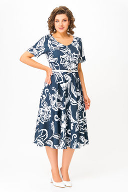 Платье Swallow 856 глубинно--синий в белый принт цветы  фото 4