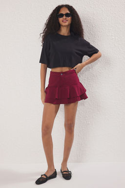 Trendyolmilla Bordo Fermuarl? Dugmeli Godeli Esnek Mini Orme Sort Etek TWOSS25SR00119 фото 6