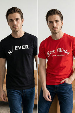 Siyah-K_rm_z_ 2li Paket Regular/Normal Kal_p Bask_l_ %100 Pamuk T-Shirt TMNSS26TS00043