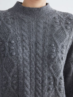 Yar?m Bal?k?? Yaka Kendinden Desenli Kad?n Triko Kazak