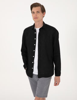 Siyah %100 Keten Regular Fit Uzunkollu G_mlek