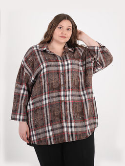 Рубашка в клетку со стразами коричневая - Almond фото 2