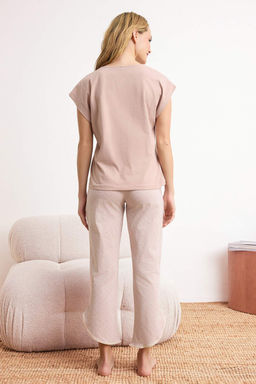 Pudra Serit Detayl? Bask?l? Likral? Yumusak Tuse Orme Pijama Tak?m? THMSS26PT00139