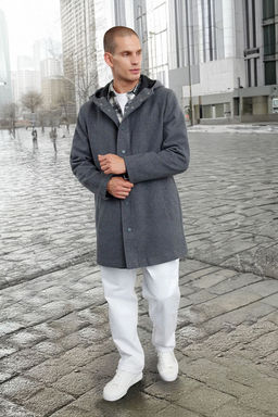 TRENDYOL MAN Antrasit Regular Fit K?sl?k Yun Kar?s?ml? Kapusonlu Kase K?sl?k Kaban TMNAW25KB00001
