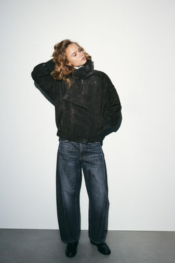 100% SUEDE LEATHER BIKER JACKET WITH COVERED BUTTONS