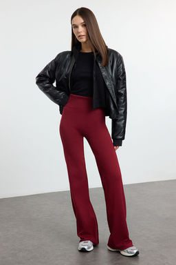 Bordo Wide Leg/Ispanyol Paca Yuksek Bel Interlok Esnek Orme Pantolon TWOAW25PL00006