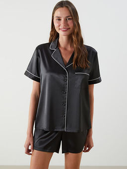 G?mlek Yaka Kad?n ?ortlu Pijama Tak?m?