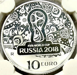 Монета 10 евро 2018 года Италия Чемпионат мира по футболу 2018, Россия (в слабе)