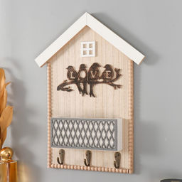 Ключница настенная Домик - птички на ветке, крючки декоративные, дерево, бежевая, 4.5?25?34 см