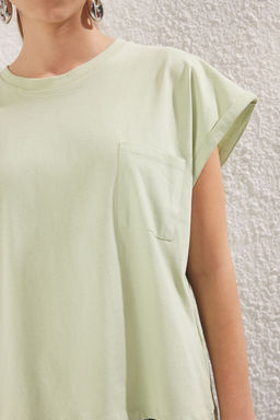 TRENDYOLMILLA Antrasit %100 Pamuk Relaxed/Rahat Kal?p Cep Detayl? Orme T-Shirt TWOSS25TS00085  фото 4