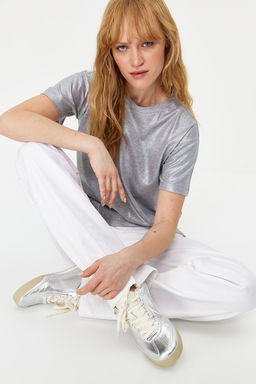 Trendyolmilla Alt?n Varak Bask?l? Regular/Normal Kal?p Orme Bluz TWOSS24BZ00097  фото 9