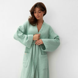 Халат жен.муслиновый LoveLife размер 46-48, цвет мятный, 100% хл, 4-сл, 235 г/м²