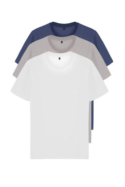 Gri-Ekru-Indigo Slim/Dar Kesim Bisiklet Yaka Basic %100 Pamuklu 3lu Paket T-Shirt TMNSS19BO0007
