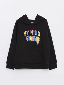 Kap??onlu Bask?l? Uzun Kollu K?z ?ocuk Sweatshirt