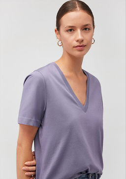 Pamuklu Merserize V Yaka Mavi Basic Tisort  фото 2