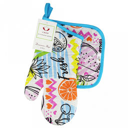 Кухонный комплект "ФрешФут б/з": прихватка-варежка 15х30см + прихватка 20х20см, рогожка 171г/м2, хлопок 100%, наполнитель - ватин 280г/м2, на пластмассовом подвесе, "Домашняя мода" (Россия)