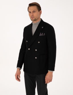 Siyah Ex. Slim Fit Y_n Kar___ml_ Kruvaze Ceket
