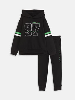 Kap??onlu Bask?l? Uzun Kollu Erkek ?ocuk Sweatshirt ve E?ofman Alt?