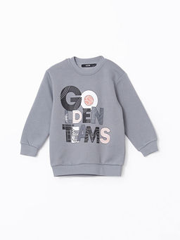 Bisiklet Yaka Bask?l? Erkek Bebek Sweatshirt