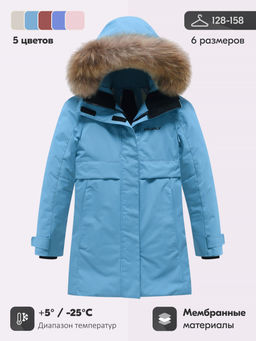 Парка зимняя подростковая для девочки с капюшоном и мехом бирюзового цвета 9534Br