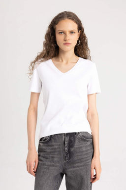 Базовая футболка в рубчик с короткими рукавами приталенного кроя и V-образным вырезом - Defacto фото 3