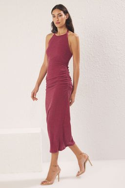 Koyu Visne Duz Buzgu / Drape Maxi Burumcuk Esnek Orme Elbise TWOSS25EL00466