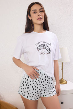 Trendyolmilla Beyaz %100 Pamuklu Hayvan Bask?l? Sortlu Orme Pijama Tak?m? THMSS25PT00408 фото 2