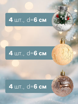 Ёлочные игрушки Зимняя музыка, шары новогодние, d=6 см, набор 12 шт., ёлочка, золото - Зимнее волшебство фото 4