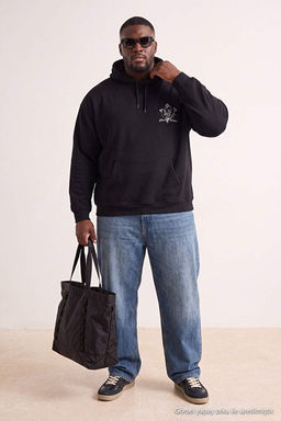 Siyah Oversize/Geni_ Kesim Kap__onlu __i Polarl_ S_rt Bask_l_ B_y_k Beden Sweatshirt TMNAW25AO00021 - Trendyolmilla фото 2
