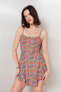 Cok Renkli Bask?l? Ask?l? Volanl? Sortlu Mini Orme Tulum TWOSS23TU00044