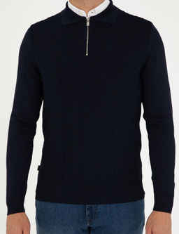 Lacivert Regular Fit Fermuarl_ Polo Yaka Triko Kazak