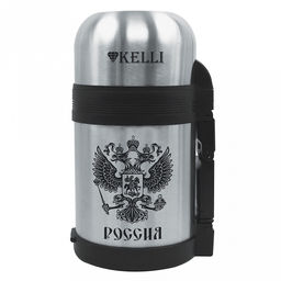 Термос из нержавеющей стали с широким горлом "Kelli" 1,2л, двойные стенки, завинчивающаяся крышка, ручка, ремень (Китай)