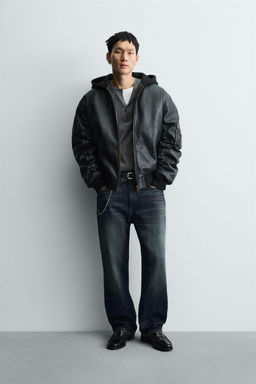 FAUX LEATHER JACKET WITH CONTRAST HOOD