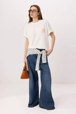 Ekru Bask?l? Oversize Bisiklet Yaka Dusuk Kol K?sa Uzun %100 Pamuk Orme T-Shirt TWOSS26TS00211 - Trendyolmilla фото 2