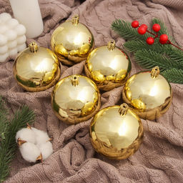 Ёлочные игрушки Винтажный глянец, шары новогодние, d=8 см, набор 6 шт., золотистый