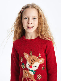 Bisiklet Yaka Y?lba?? Temal? Uzun Kollu K?z ?ocuk Triko Kazak