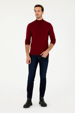 Erkek Slim Fit Yar_m Bo_azl_ Bordo Basic Kazak