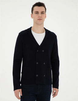 Koyu Lacivert Slim Fit Y_n Kar___ml_ D__meli Triko H_rka