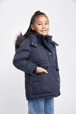 Водоотталкивающая куртка со съемным капюшоном и подкладкой из искусственного меха для девочек, пальто - Defacto фото 5