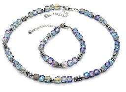 Чокер и браслет из циркона кубик граненый 6*6мм, цвет синий, 40см, 17см