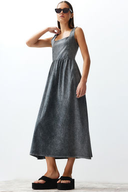 Antrasit Eskitme Skater Kare Yaka S?f?r Kol Orme Maxi Elbise TWOSS24EL00586 - Trendyolmilla фото 2